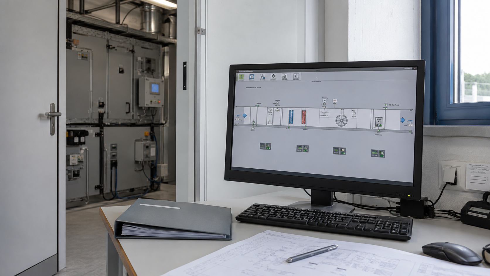 GLT-Arbeitsplatz mit technischer Dokumentation – illustratives Motiv